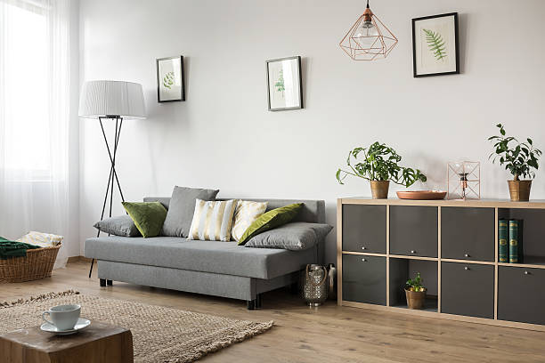 Living room with sofa, lamp and rack