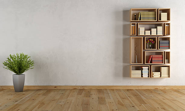 Empty interior with wooden wall bookcase