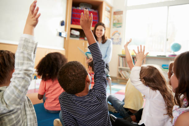 Elementary school kids raising hands to teacher